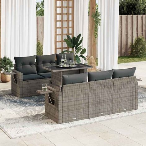 Ensemble canapé jardin 7 places polyrotin gris avec table extensible et rangement 100x55cm  2 sièges centraux + 4 canapés accoudoirs (1/5)