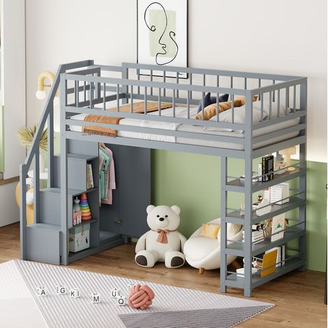 DESVIAE Lit mezzanine enfant 90 x 200 avec armoire étagères rangement échelle de sécurité bois massif gris (1/5)