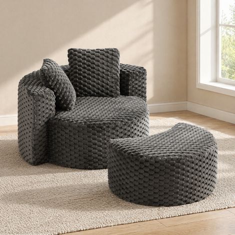 Fauteuil rond en tissu gris foncé avec repose-pieds, design 360°, 130x115x103 cm, sans montage (1/5)