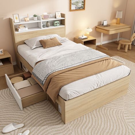 cama con almacenaje 90x190 madera blanco roble DESVIAE (1/5)