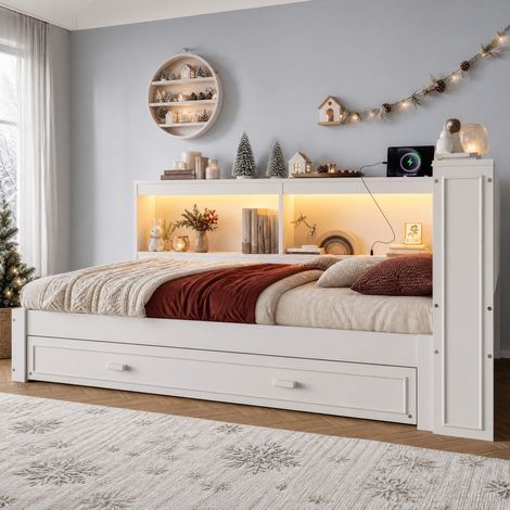 lit simple 90x200 avec lit gigogne USB blanc HAVRYA (1/5)