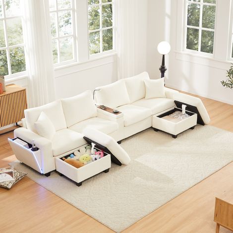 Canapé d'angle, 334x128,5x81 cm, velours côtelé, 2 poufs, lampe de lecture,tablette rabattable,porte-gobelet,port USB/Type-C,accoudoirs avec LED,beige (1/5)