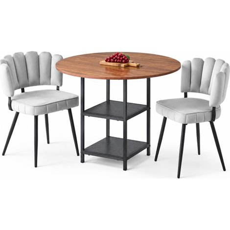 ELVMI Esstischgruppe mit 1 Rundem Tisch und 2 Stühlen, Doppelablage, Stoff, MDF und Metall, Nussbaum und Hellgrau (1/5)