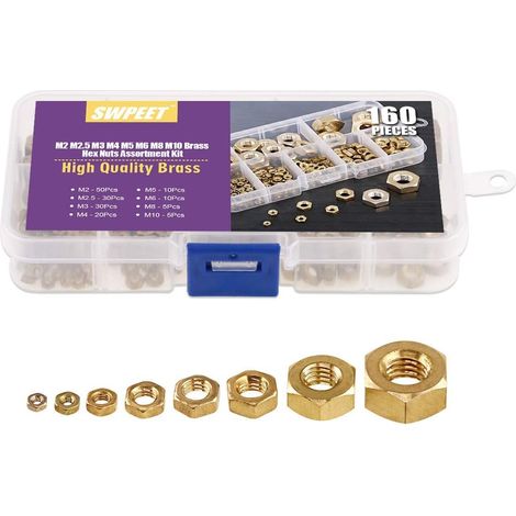 160 PCS métrique m2 m2.5 m3 M4 M5 M6 M8 M10 laiton écrou hexagonal combo Kit, écrou hexagonal entièrement fini, idéal pour une utilisation avec des moulinets de pêche, vélos (1/5)