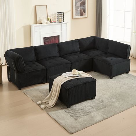 Divano angolare modulare 6 posti 308 cm in corduroy, convertibile a U/L, nero, OKWISH (1/5)