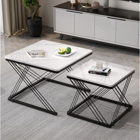 Set di 2 tavolini quadrati annidati 60x60x45 cm e 45x45x40 cm, effetto marmo lucido, in MDF, nero e bianco (1/5)