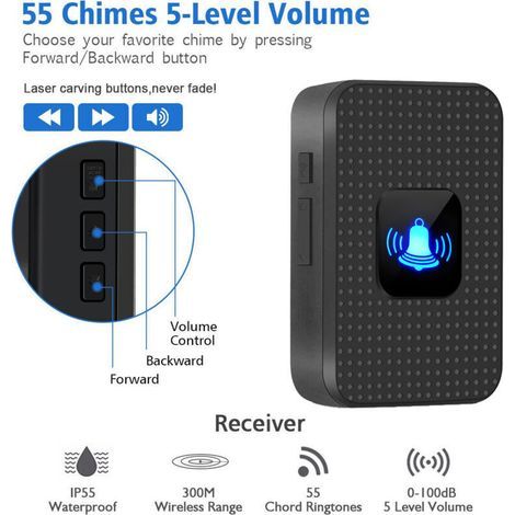 Sonnette sans fil étanche IP55 pour extérieur – Kit carillon électronique avec 55 mélodies, portée 300 m, LED bleue, noir (1/3)