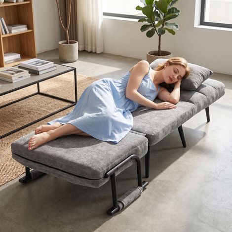 Canapé-lit 3-en-1 convertible, fauteuil inclinable avec fonction sommeil, 186 x 60 cm, dossier réglable sur 5 positions, gris, pour studio et salon. (1/5)