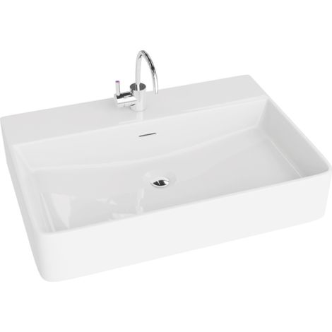 LAVITA Aufsatzwaschtisch Altaya Aufsatzwaschbecken Rechteckig Waschbecken mit Überlauf und Hahnloch Aus hochwertigem Porzellan Waschtisch 61x42x12,5 cm Weiß Glanz (1/5)