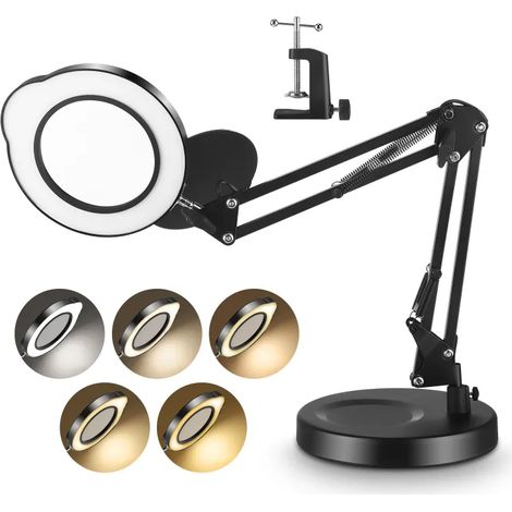 Lampe loupe 15x, lampe loupe de bureau 2 en 1 avec base et pince, 5 modes de couleur, intensité lumineuse réglable, lampe loupe LED, bras rotatif à 360°, idéale pour les loisirs créatifs et les répara (1/5)
