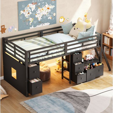 Letto a soppalco basso 90x200 cm nero in MDF e metallo con 7 cassetti, LED e area gioco (1/5)