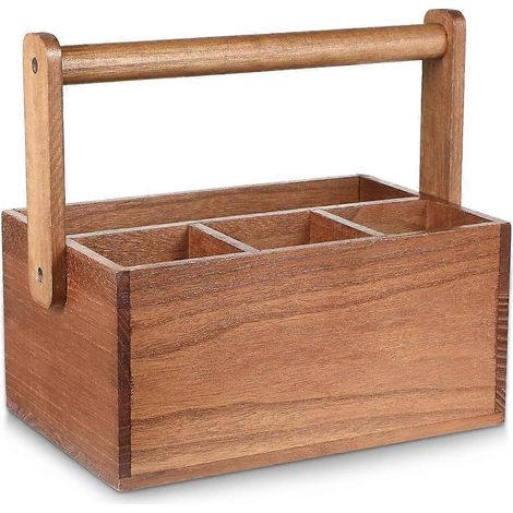 Organisateur de couverts en bois naturel, boîte de rangement multifonctionnelle pour le comptoir de la cuisine, les fêtes, la table, le camping et les pique-niques. (1/5)