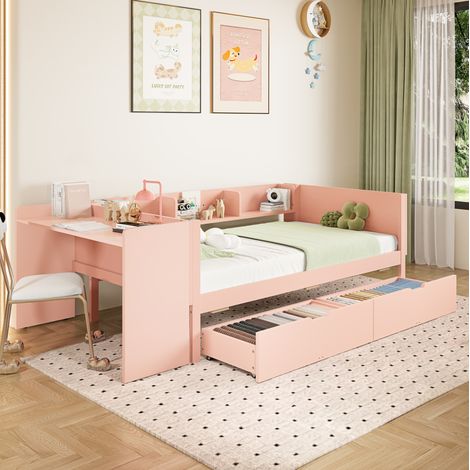 Flachbett 242x114x73 cm, mit Schreibtisch, 2 Schubladen, Regalen, Kiefer und Spanplatte, Rosa (1/5)