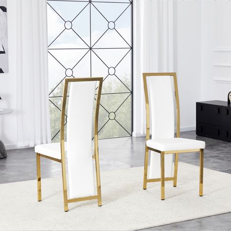 Chaises salle à manger lot de 2, similicuir blanc, structure métal doré, hauteur 109 cm