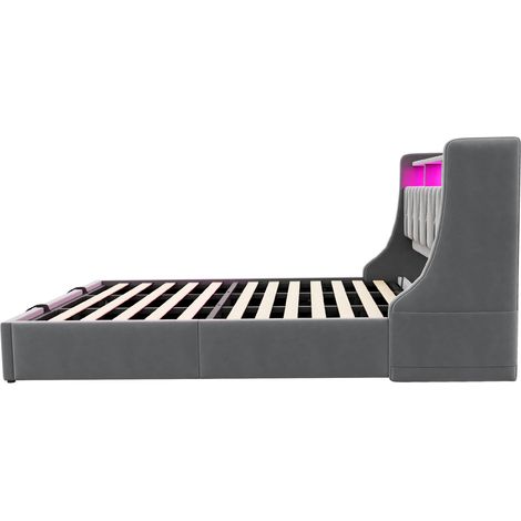 Cama con canapé tapizada 180 x 200 cm de terciopelo gris con LED, enchufes y almacenaje (1/5)