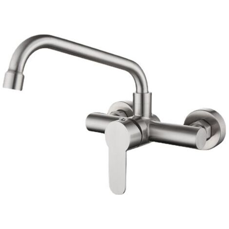 Robinet de cuisine mural en acier inoxydable 304, vadrouille, évier de piscine, balcon, buanderie, robinet rotatif chaud et froid, diamètre du siège de valve 3,2 cm, argent- (1/3)