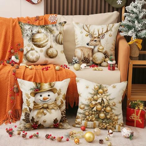 Housse Coussin Noel 45x45 Lot de 4 Housse Coussin,Élan doré du sapin de Noël,Décoratif Taie d'oreiller pour Decoration Noel (1/5)