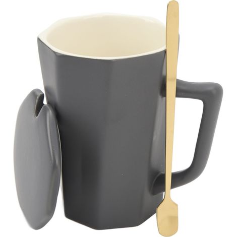 Multifunktionale, minimalistische U-förmige Keramiktasse mit staubdichtem Deckel für den Außenbereich, 400 ml, dunkelgrau (1/5)