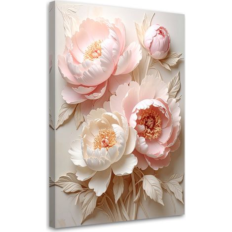 Quadro su tela, Delicate peonie rosa in un'elegante composizione floreale tridimensionale. - 30x45 (1/2)