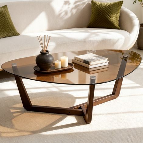 Triangle Center Table Robust Tempered Glass Coffee Table Unique Wood Base (1/5)