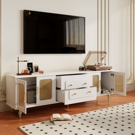 Meuble TV blanc, 4 portes vitrées, 2 tiroirs, pieds bois, multiples rangements, 175x38x55,5cm (1/5)
