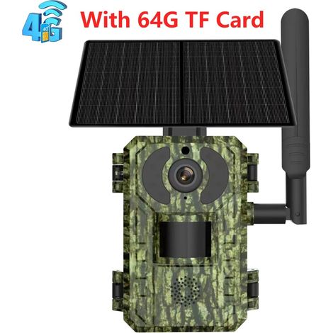 Caméra de chasse 4G UE, 4MP 2K, batterie solaire, PIR, détection mouvement, IP65, vision nocturne extérieure – Avec carte 64 Go