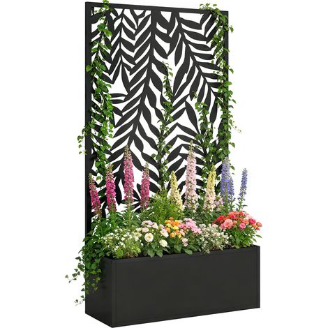 Blumenkasten mit Sichtschutz Pflanzkasten mit Rankgitter tropischen Blattmotiven 61 x 23 x 113 cm Schwarz