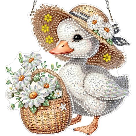 Diamond Painting Anhänger Ente mit Gänseblümchen, Fensterbild Bastelset