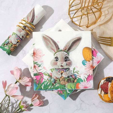 Serviettes En Papier - Lapins De Pâques Imprimés - 6 5x6 5 Pouces - Pour Fêtes Et Restaurants - Lot De 20 (1/5)