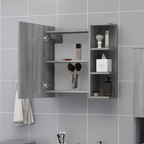 Miroir de Salle de Bain avec Armoire de Rangement, Gris, 62.5 x 20.5 x 64 cm, Meuble Mural Moderne avec Étagères et Porte-Serviettes (1/5)