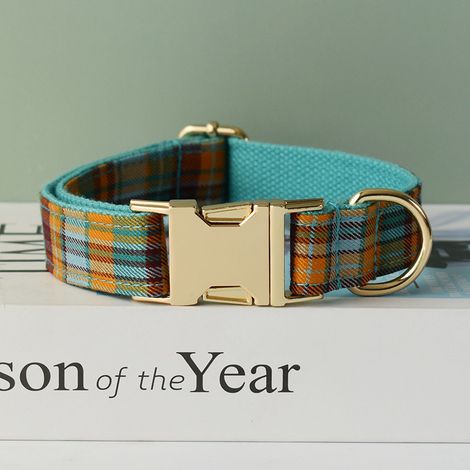 Collier pour chien motif plaid / M / Tissu avec boucle dorée et anneau D / Petit vert (1/2)