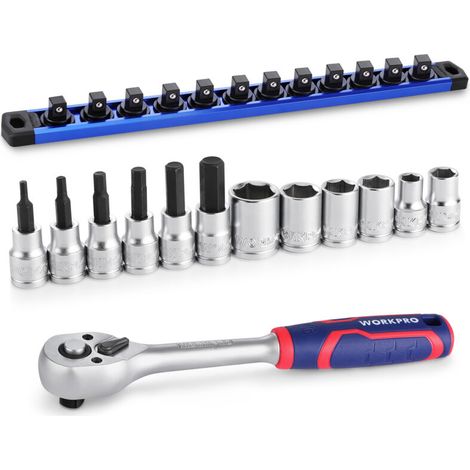 Ensemble de Clés à Cliquet 3/8" à Dégagement Rapide, 72 Dents, Douilles Cr-V et Barre Magnétique pour Douilles - 14 Pièces, Outil pour Réparation Automobile et Bricolage (1/5)