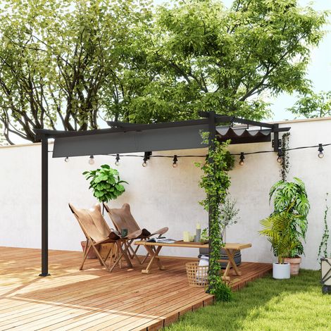 Pergola Terrassendach ca. 3 x 3 m aus Aluminium zur Wandmontage, Gartenpavillon mit verstellbarem Dach, Sonnenschutz für Terrasse und Garten, Dunkelgrau