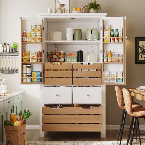 Meuble de cuisine (80 x 40 x 140 cm), buffet haut, buffet multifonction, meuble de rangement avec deux portes et cinq tiroirs, noir et blanc (1/5)