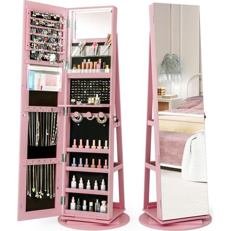 COSTWAY Armadietto Portagioie Girevole a 360°, Specchio Portagioie con Luci LED a 3 Colori, Organizatore da Terra per Gioielli, Con 3 Ripiani e Serratura, 161 x 54,5 x 54,5cm (Rosa) (1/5)