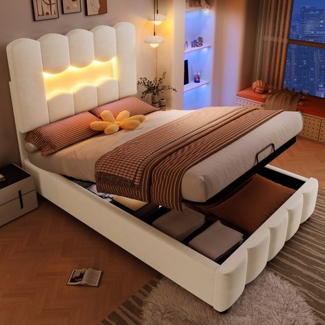 Polsterbett Samt Beige 90x200 cm mit Stauraum, LED-Beleuchtung und verstellbarem Kopfteil