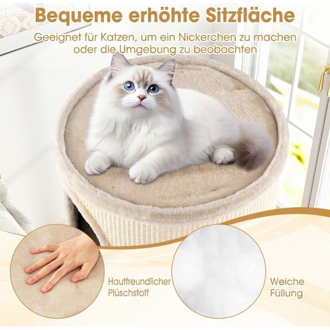 Maison pour chats beige multi-niveaux en sisal avec 3 niches, griffoir et perchoir moelleux pour salon, chambre et appartement (1/5)