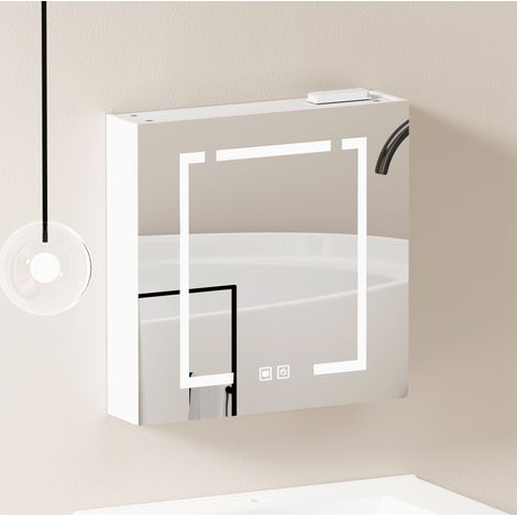 Mobile bagno pensile con specchio LED moderno 60 cm in MDF e vetro bianco, armadietto contenitore a parete (1/5)
