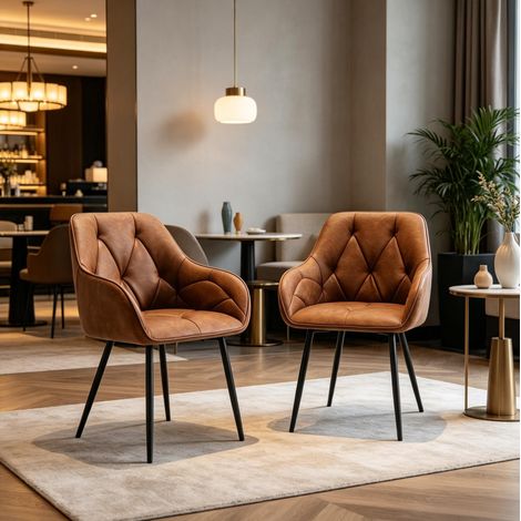 Chaises de salle à manger rembourrées marron avec accoudoirs, lot de 2, simili cuir et métal (1/5)