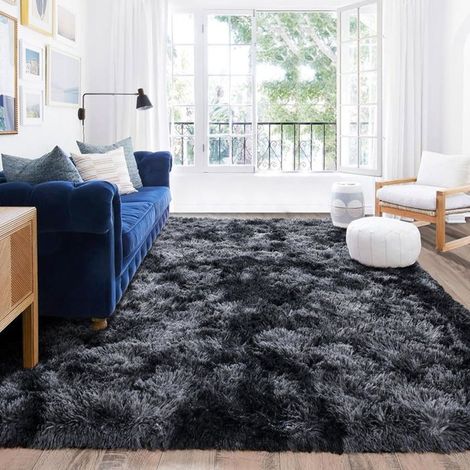 Tapis Salon Shaggy ou chambre 160 x 230 cm - Descente de lit Tapis Poils Longs - pour Salon Chambre Gris Noir