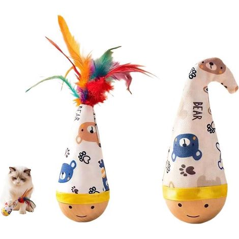 Chat à bascule en bois - Peluche chat à plumes - Jouet interactif anti-ennui - Lot de 2 pièces (14 cm + 18 cm) (1/2)