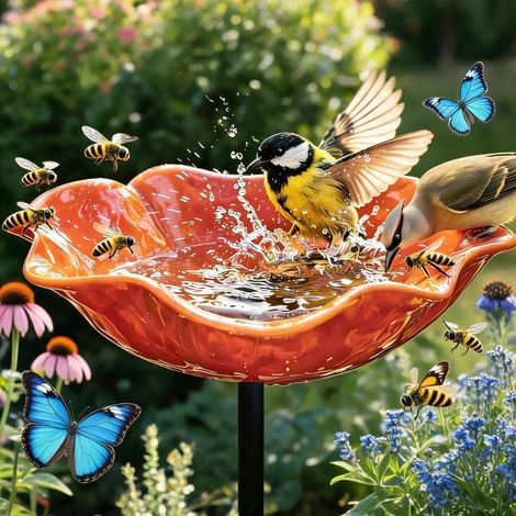 Metallenes Bienenbad mit floralem Dekor, Wasserstelle für Bestäuber und Vögel — 60 cm (orange)