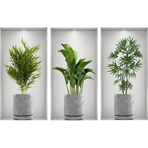 Lot de 3 stickers muraux 3D autocollants plantes vertes vases fleurs peintures murales pour salon chambre cuisine bureau imperméable PVC stickers muraux 23x45cm (B) (1/5)
