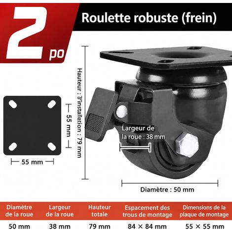 Roulette industrielle 2 pouces 50 mm à profil bas avec frein charge 350 kg 2 38mm 350kg 79mm 10 × 8 × 10 cm 680 g – Livraison gratuite