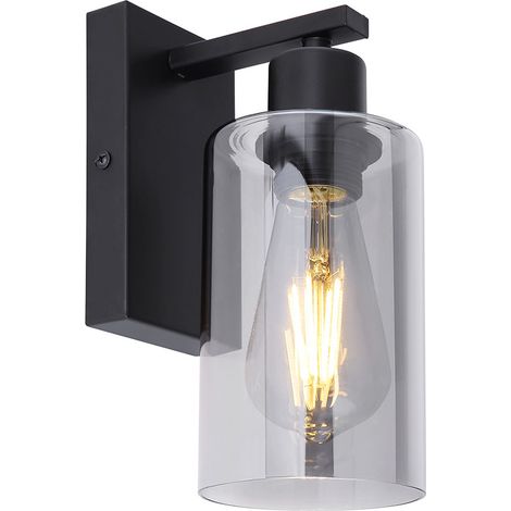 Lampada da parete vintage per interni, lampada da parete nera industriale, cilindro color fumo, stile retrò, metallo, vetro nero opaco, 1x attacco E27, AxLxÜ 23x10x15 cm
