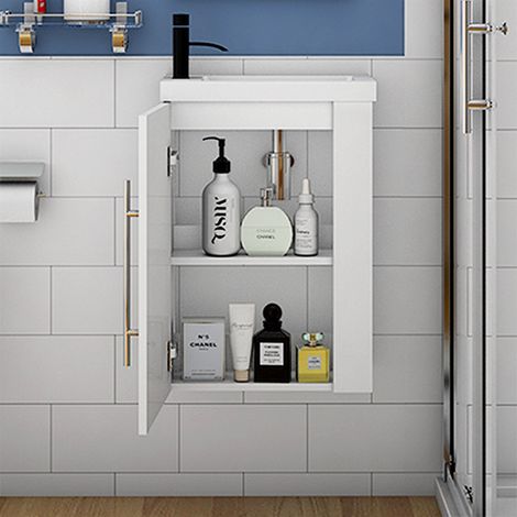 Wall Hung Cloakroom Sink Vanity Unit White Small 440mm Door Furniture