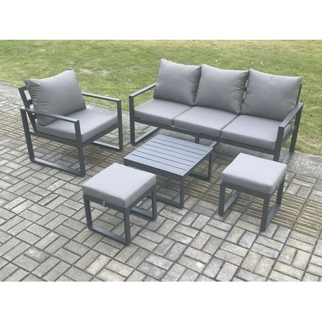 Fimous Aluminium Outdoor Garden Furniture Set Lounge Sofa Chair Square Coffee Table Sets with 2 Small Footstools Dark Grey (1/5)