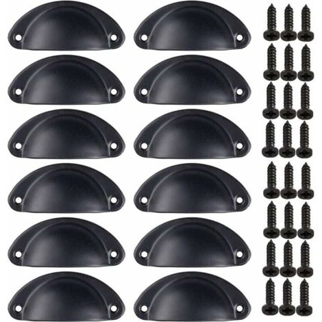 12 Vintage-Möbelgriffe aus Muscheln für Schubladen, Schränke und Küchenmöbel, gebogenes Eisen, Retro-Schranktürknöpfe, 8135 mm, Schwarz