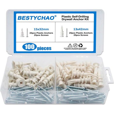 100pcs 2 tailles Ancrages pour cloisons sèches en plastique auto-perceuses Ancres murales creuses avec kit d'assortiment de vis (1/5)