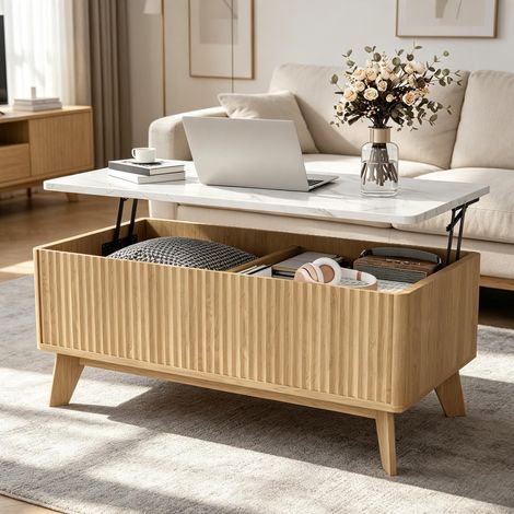 Table basse relevable – plateau marbre – rangement XXL – design scandinave – bois